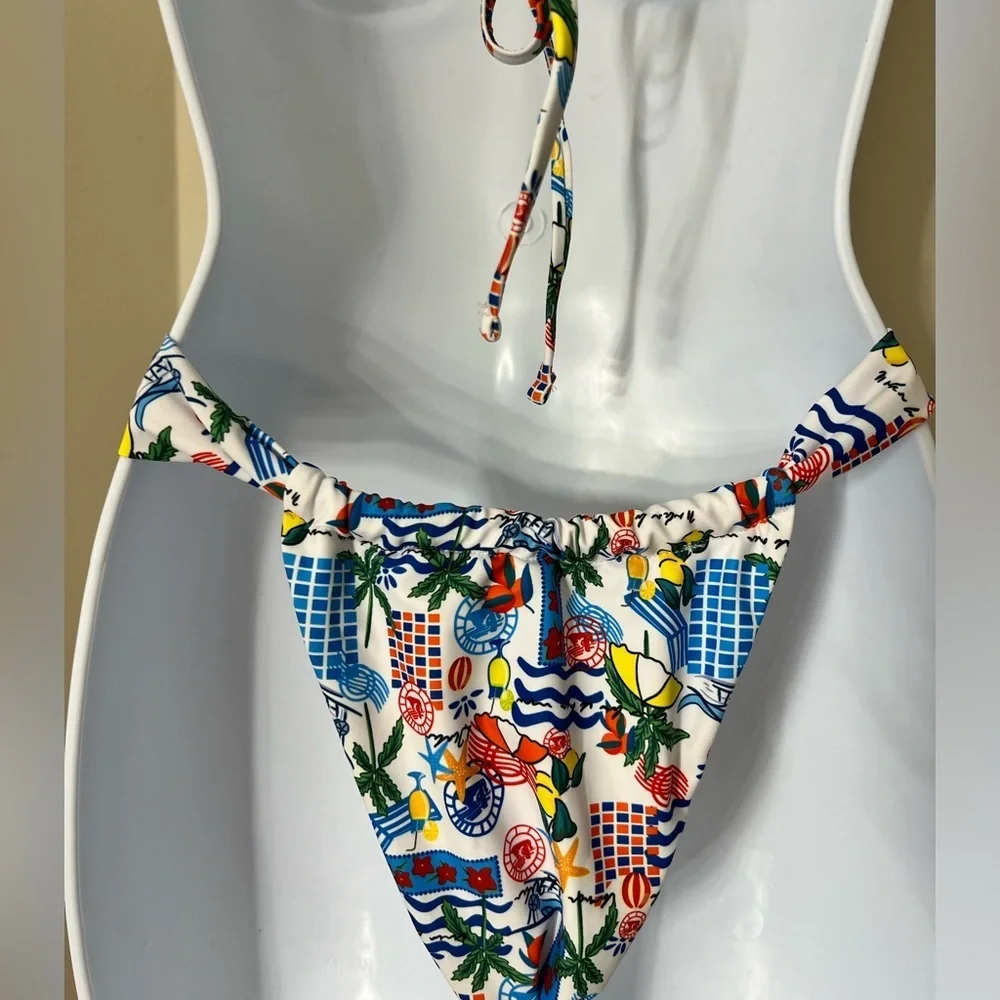 Multicolor Beach Print Thong Bikini Set